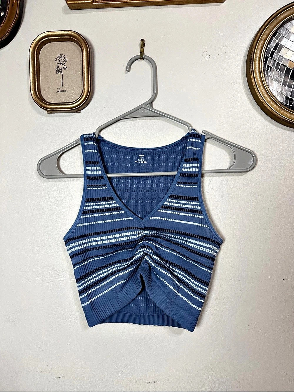Aerie Striped Ribbed Crop Tank in Blue & White Size Small